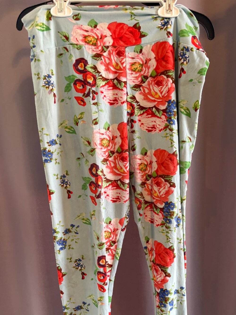 Buttery Soft High Waist Floral Stretch Leggings Mint Blue Coral Rose Print M L
